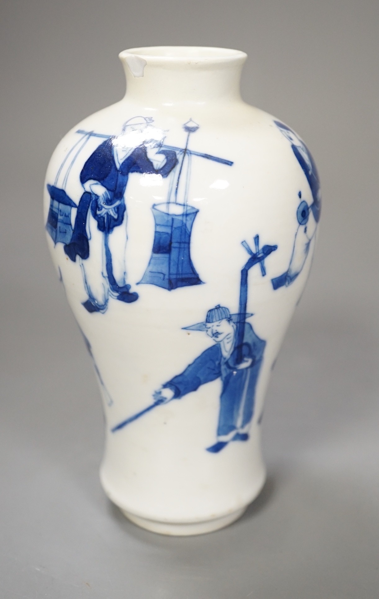 A small Chinese blue and white baluster jar, circa 1900. Restored, 15cm